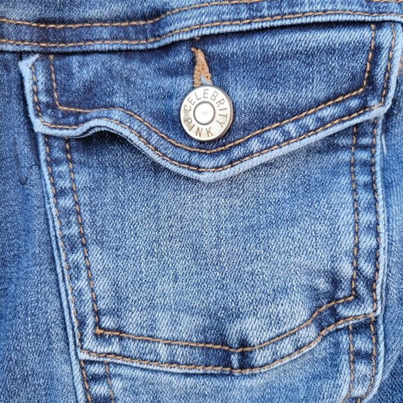 Celebrity Pink Distressed Denim Jacket Button Up Rollable Sleeve Womans Small - Picture 10 of 13